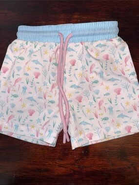Baby Boyls' Pastel Ocean Print Swim Shorts - Blue Waistband, Pink Drawstring